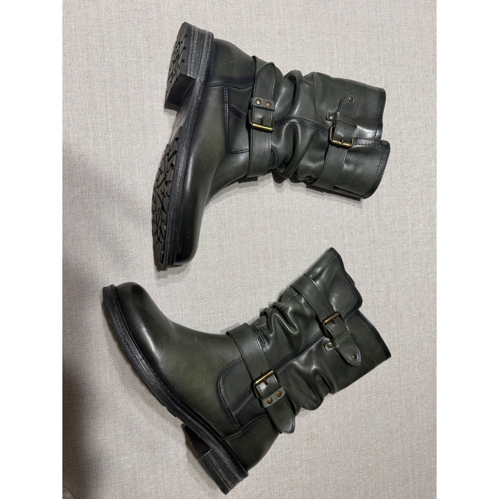 Eric Michael Green Leather Slouch Moto Mid-Calf Boots Buckle Straps Womens 38 - Picture 10 of 10